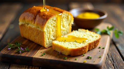 Frisch gebackenes Honig-Senf-Brot auf einem Holzbrett mit Honig und Senf daneben