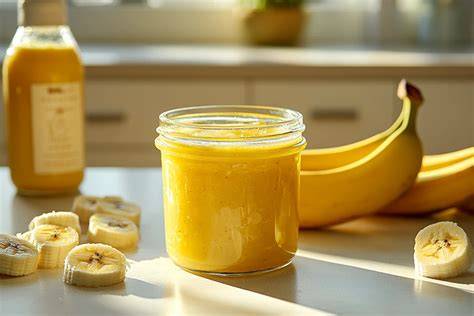 Frisch gekochte Bananenmarmelade in Gläsern neben reifen Bananen und Zitrusfrüchten