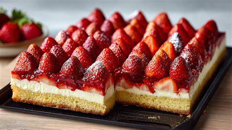 Frisch geschnittener Erdbeerkuchen mit Vanillepudding und Wiener Boden