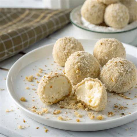 Frisch zubereitete Kokospralinen, angerichtet auf einem Teller mit Kokosraspeln