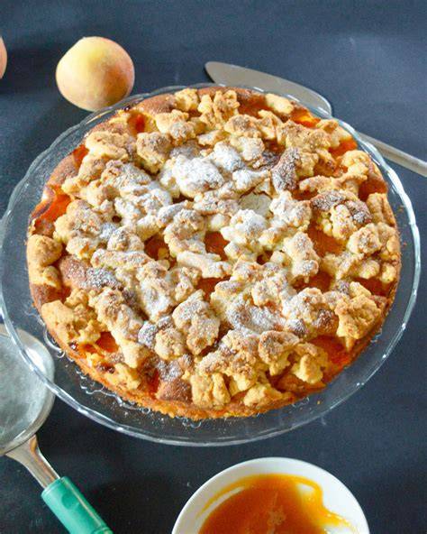 Frische Aprikosen, Streusel, Zutaten und gebackener Kuchen in der Springform