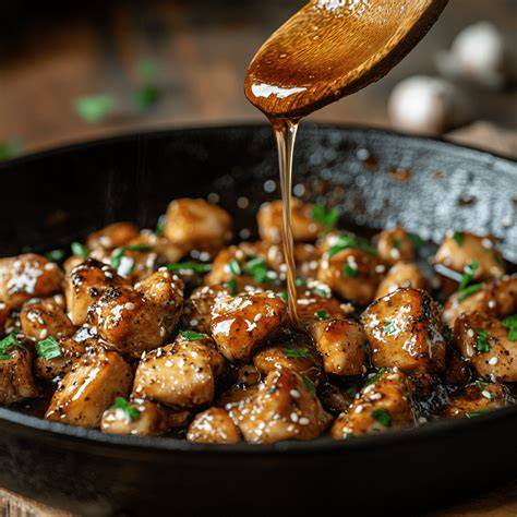 Frische Champignons und Shiitake-Pilze in einer Pfanne mit Sojasauce und Honig