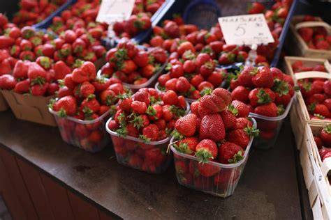 Frische Erdbeeren und Rhabarber auf dem Markt