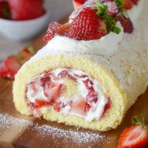 Frische Erdbeeren und gerollte Biskuitrolle als Dessert