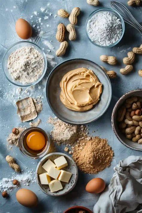 Frische Erdnussbutter-Kekse auf dem Backblech, Zutaten daneben