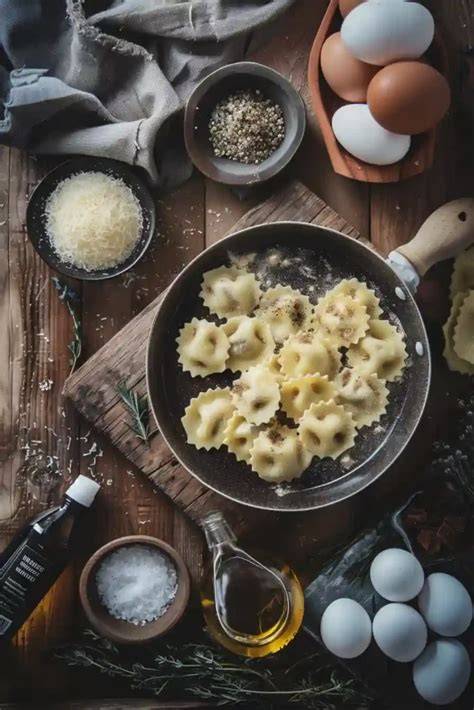 Frische Schokoladen Ravioli auf Holzbrett mit Kakaopulver in Schüssel