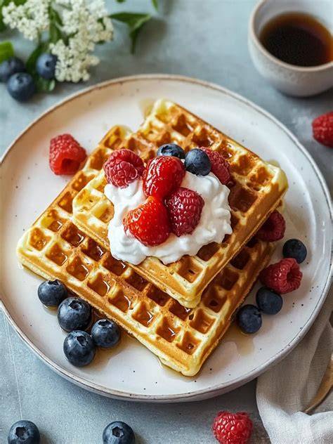 Frische Waffeln mit Ahornsirup, Beilagen und Zutaten als Flatlay