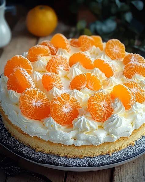 Frische Zitronentorte mit Paradiescreme und Mandarinen dekoriert