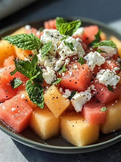 Frische Zutaten für den Melonensalat: Honigmelone, Limetten, Minze und Feta