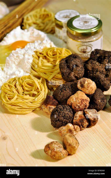 Frische schwarze und weiße Trüffel nebeneinander, mit Trüffelhobel und Pasta