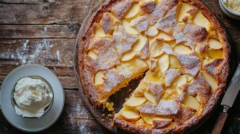 Frischer Apfelkuchen im Anschnitt auf Holzbrett