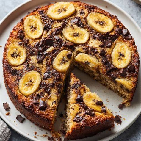 Frischer veganer Bananenkuchen mit Schokostückchen auf einem Holztisch