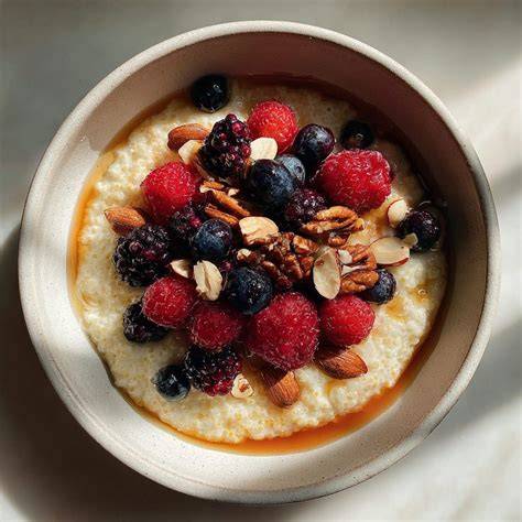 Frisches Pudding-Oats Frühstück mit Beeren und Nüssen