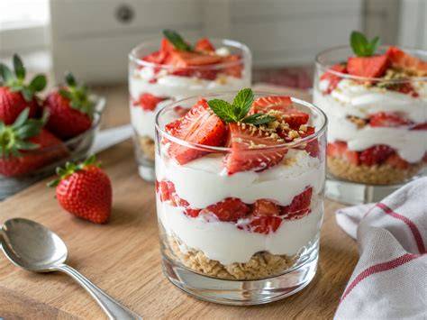Frischkäse-Dessert im Glas mit Erdbeeren und Keksboden