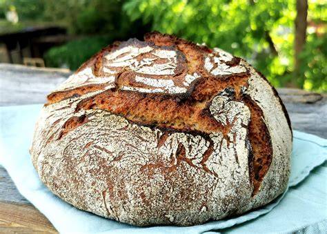Frischkäse-Honig-Aufstrich angerichtet auf Bauernbrot, dazu einige Kräuter und Honig