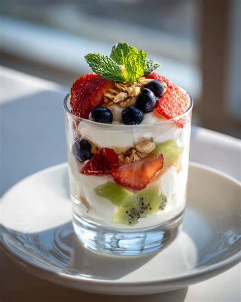 Fruchtige Chia-Pudding-Schichten im Glas, Zutaten und Toppings sichtbar