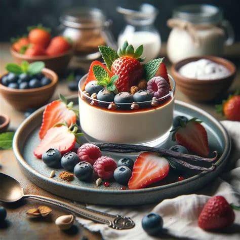 Fruchtteller mit Joghurt-Quark-Pudding, garniert mit frischen Beeren