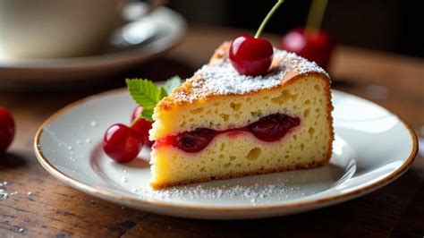 Gâteau basque aufgeschnitten mit Konditorcreme und Kirschen