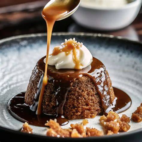 Gabel sticht in warmen Mini Sticky Toffee Pudding, Sauce läuft