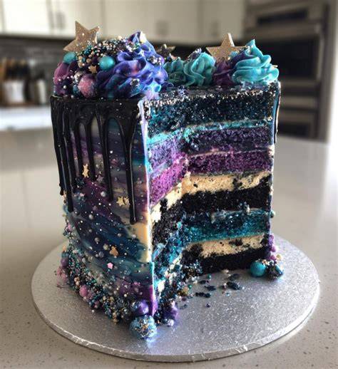Galaxy Cake Deko mit Zuckersternen und Glitzer