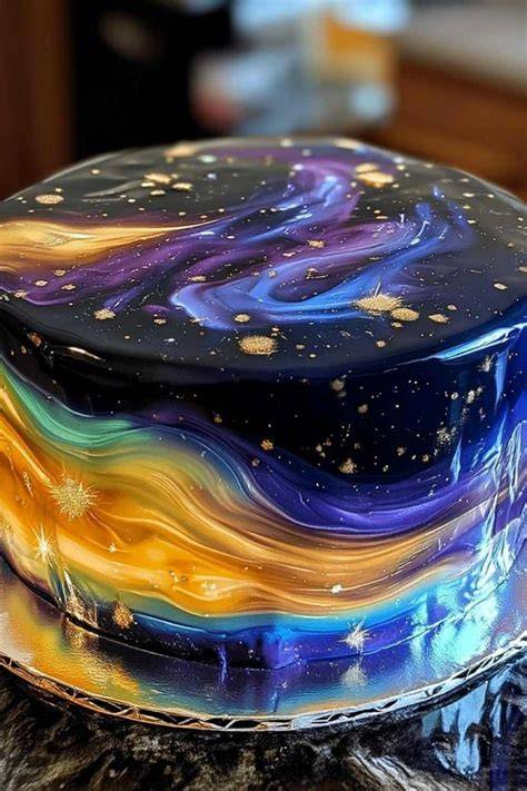 Galaxy Cake mit bunter Mirror Glaze und essbarem Glitzer