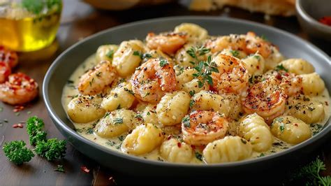 Garnelen in Trüffelsauce mit Gnocchi in Pfanne