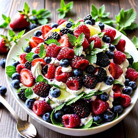 Garniert mit Sahne, Keksen und frischen Beeren
