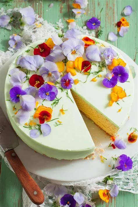 Garnierte Torte mit Heidelbeeren und essbaren Blüten