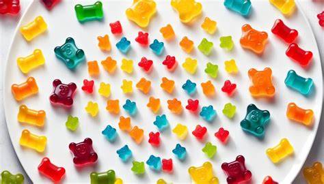 Garnitur: Bunte Gummibärchen spiralförmig oder rund um die Torte verteilt