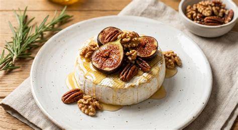 Gebackener Camembert mit Honig und Nüssen auf Holzbrett, daneben geröstete Baguettescheiben