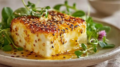 Gebackener Feta paniert in der Pfanne, großzügig mit Honig und Sesam garniert