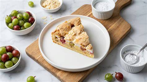 Gebackener Jostabeere Kuchen mit Baiser auf einem Holzbrett