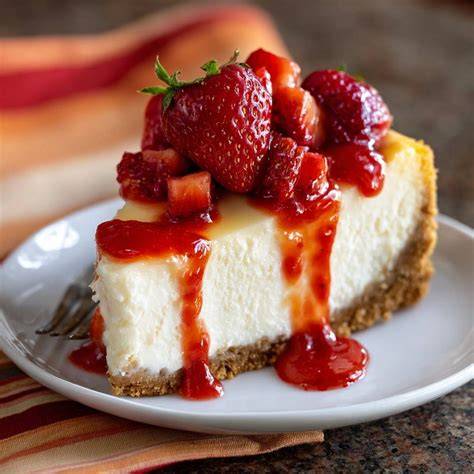 Gebackener cremiger Erdbeer Cheesecake auf Kuchenteller