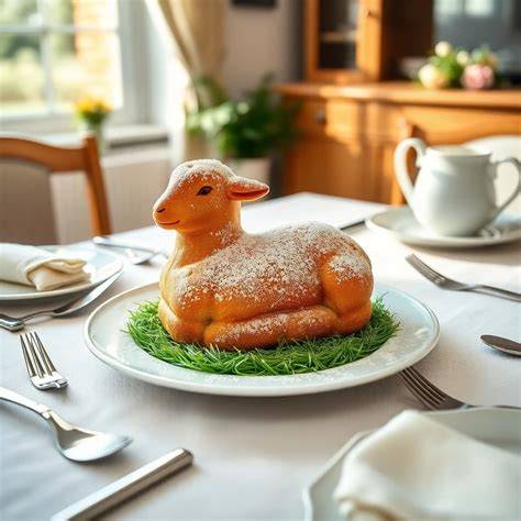 Gedeckter Ostertisch mit Osterlamm, Puderzucker und Kokosfell