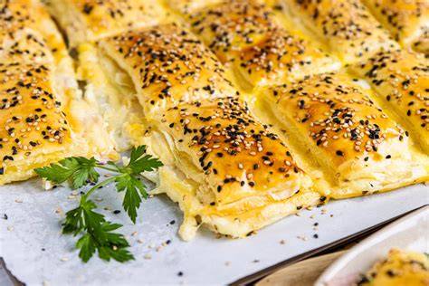 Gefüllte Blätterteigtaschen auf Backblech, bereit zum Backen