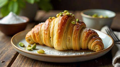 Gefüllte Croissants mit grüner Pistaziencreme und Schokoladenglasur