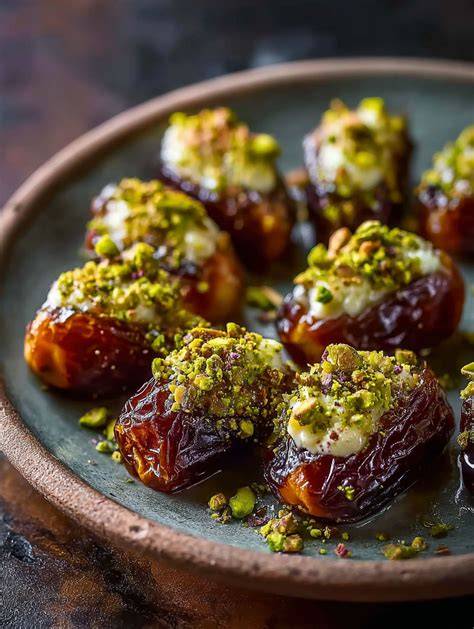 Gefüllte Datteln mit Marzipan auf Pergament, mit Pistazien bestreut