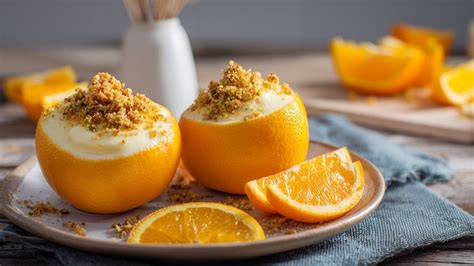 Gefüllte Orangenhälften mit Orangencreme auf einer festlichen Tafel