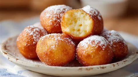 Gefüllte Quarkbällchen mit Marmelade und Puderzucker