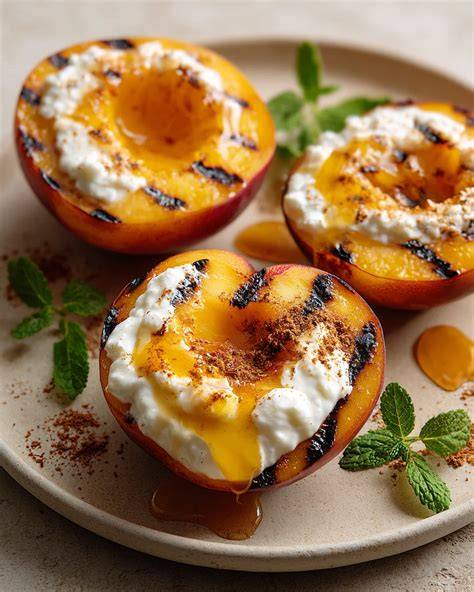 Gegrillte Pfirsiche mit Joghurt und Nuss-Crunch angerichtet