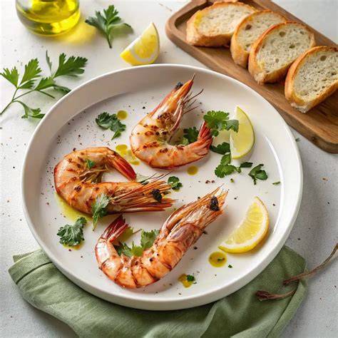 Gegrillte Riesengarnelen mit Zitronenscheiben und Petersilie