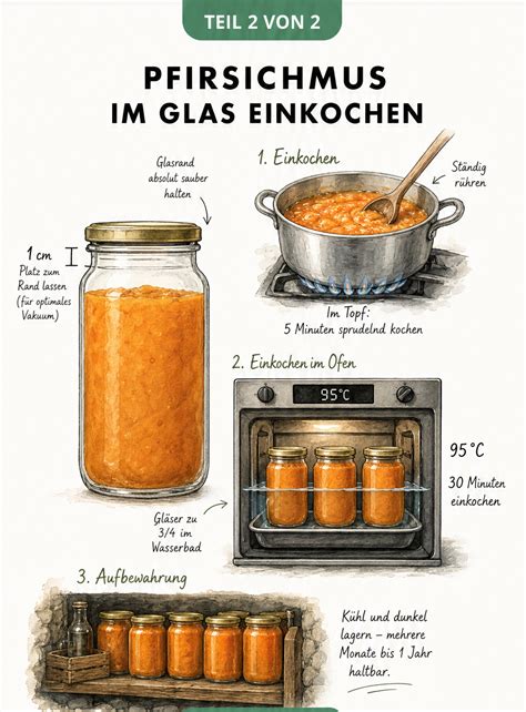 Gekochtes Pfirsichmus im Topf und Einfülltrichter für Gläser