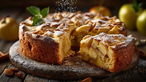 Gekrönter Apfelkuchen frisch mit Puderzucker bestäubt
