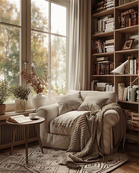 Gemütliche Leseecke mit Buch, Schokolade und Tee