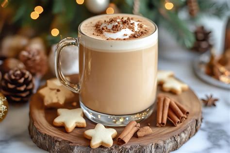 Gemütliche Szene: Lebkuchen Latte, Weihnachtsgebäck und Tannenbaum