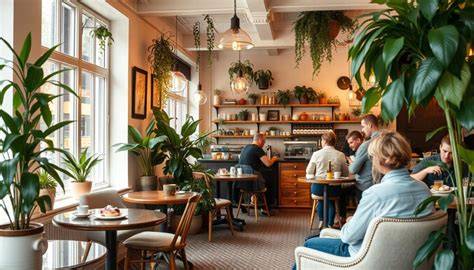 Gemütlicher Café-Bereich mit Torten-Ausstellung