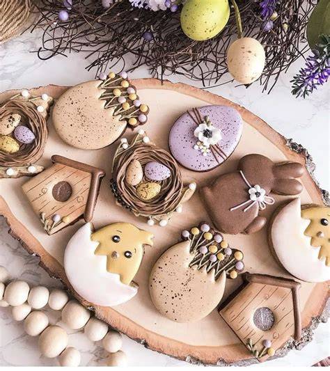 Gemischte Osterkekse in verschiedenen Designs auf einem Ostertisch