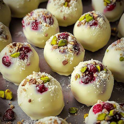 Geschenkverpackte Cranberry Pistazien Trüffel mit rotem Band