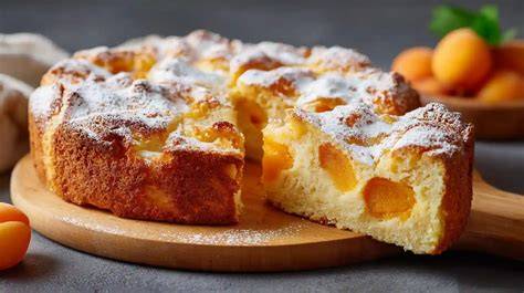 Geschnittener Marillenkuchen mit Joghurt auf Kuchenteller, Staubzucker und Kaffee