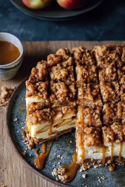 Gestückelter Apfel Karamell Streusel Kuchen auf einem Kuchenteller, dekoriert mit Karamellsauce